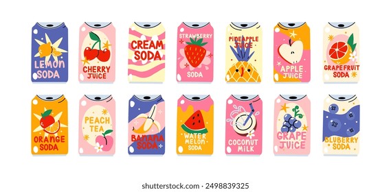 Latas de dibujos animados de bebidas gaseosas carbonatadas y jugos gaseosos fríos. Cócteles de frutas, limonadas, jugos frescos en botellas de aluminio. Conjunto de Vector en estilo groovy retro de los años 90