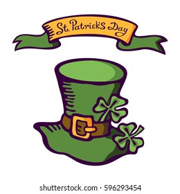 Cartoon cap of a leprechaun with lettering: St. Patrick's Day. Vector images for your business and design. For postcards, cartoons, wallpapers, games, linen and clothing