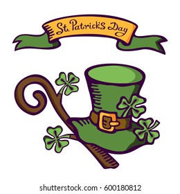 Cartoon cap of a leprechaun and Staff with lettering: St. Patrick's day on white background. For postcards, cartoons, games, wallpapers, linen and clothing