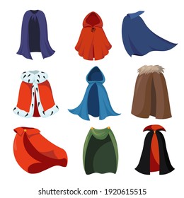 Cartoon capes set. Cartoon cloaks or mantles of king, vampire, death, magic characters costumes for festive events. Vector illustrations for Halloween party, celebration, holiday concept