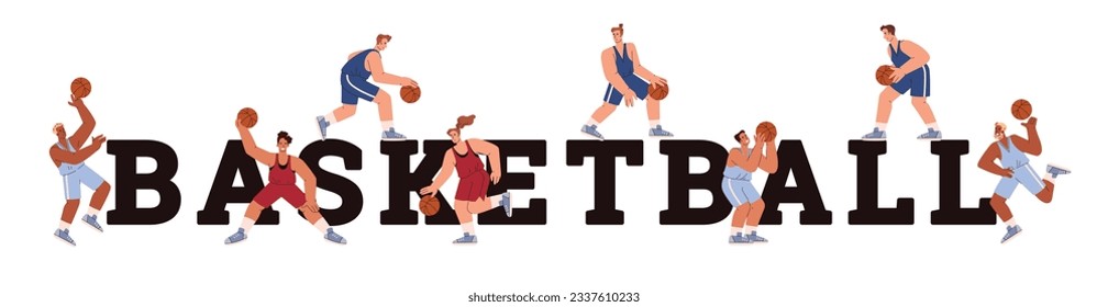 Cartoon capital big letters basketball and players on them. Basketball game vector banner creative design. Basketball player with ball in different poses. Professional sport male and female in uniform