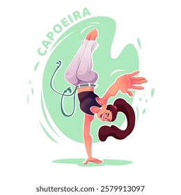 Cartoon capoeira female player practicing acrobatic move. Capoeira dancer in action pose