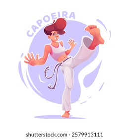 Cartoon capoeira female player practicing combat strike. Capoeira girl dancer in action pose