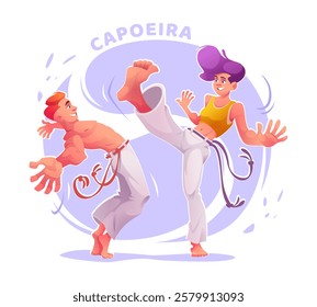 Cartoon capoeira male and female players practicing. Capoeira dancers in action poses