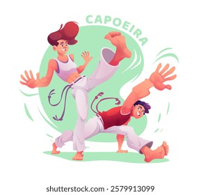 Cartoon capoeira male and female players practicing. Capoeira dancers in action poses