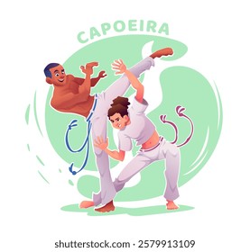 Cartoon capoeira male and female players practicing. Capoeira dancers in action poses