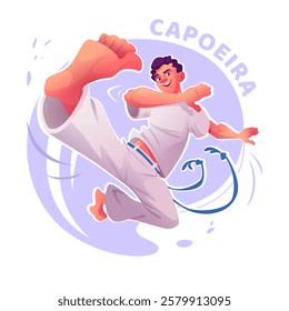 Cartoon capoeira male player practicing combat kick. Capoeira dancer in action pose