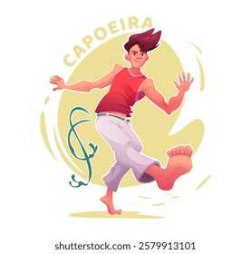 Cartoon capoeira male player practicing combat strike. Capoeira dancer in action pose