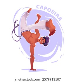 Cartoon capoeira male player practicing acrobatic move. Capoeira dancer in action pose