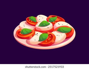 Cartoon caprese salad, featuring slices of fresh mozzarella, ripe tomatoes, and basil leaves, drizzled with olive oil and sprinkled with pepper, served on plate. Vector Mediterranean cuisine dish