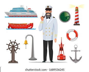 Cartoon Captain Male Character And Sea Item Set. Flat Ship, Vessel, Boat, Helm, Lighthouse, Life Saver Ring, Buoy, Anchor, Radar Screen, Bell. Vector Marine Illustration Isolated On White