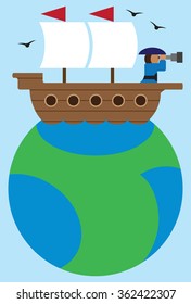 Cartoon captain of old time sailing ship is exploring horizon with a telescope