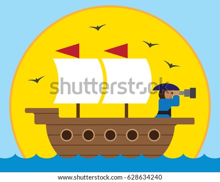 Cartoon captain of old time sailing ship is scanning the horizon with his telescope