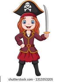 Cartoon captain pirate girl holding a sword