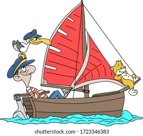 Cartoon captain sailing with his cat and seagull vector illustration