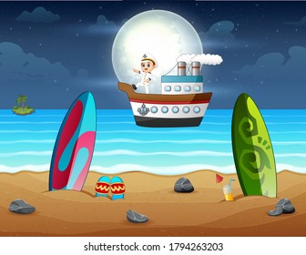 Cartoon of a captain sailing at night