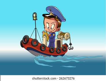 Cartoon captain sailor in uniform on the ship. is insulated 