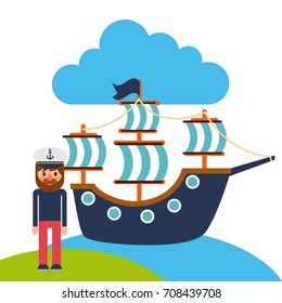 cartoon captain sailor in uniform with the ship