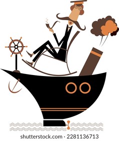 Cartoon captain of the ship with long mustache. 
The ship. Brave captain sitting in the rocking chair and smoking a pipe
