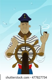 Cartoon captain with smoking pipe standing and rotates ship steering wheel. Blue sky on background. Sailor concept. Vector