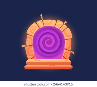 Cartoon, captivating purple magical portal, featuring a spiral vortex plasma barrier and ornate stone frame