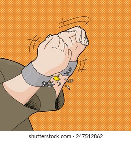 Cartoon of captive hands breaking out of handcuffs