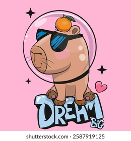 Cartoon Capybara astronaut with glasses on a pink background