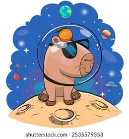 Cartoon Capybara astronaut on the moon on a space background