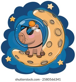 Cartoon Capybara astronaut on the moon on a space background