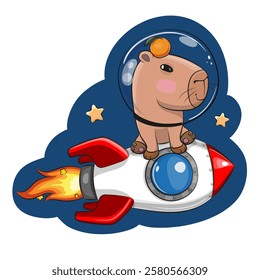 Cartoon Capybara astronaut on the rocket