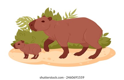 Cartoon capybara with baby. Capybara mom and cute little baby, wild herbivore mammals in natural habitat flat vector illustration. Semi-aquatic animals