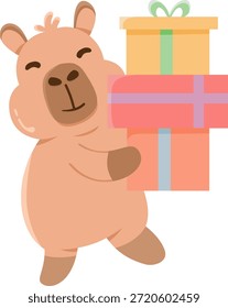 Capibara de dibujos animados que lleva la pila de regalos