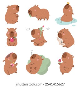 Caricatura de capibara. Lindo pequeño capibaras diferentes poses. Animales salvajes comiendo nadando leyendo un periódico. Divertidos roedores grasos, hoy en día personajes de Vector