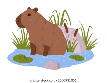 Cartoon capybara. Cute semi-aquatic wild animal in natural habitat, herbivore mammal sitting in pond flat vector illustration