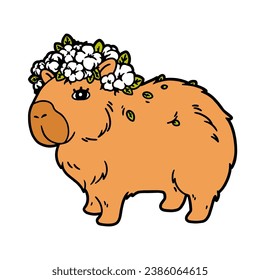 Cartoon capybara with flowers icon. Cute illustration featuring a capybara adorned with a wreath of white flowers. Vector illustration