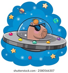 Cartoon Capybara flying on a spaceship on a space background