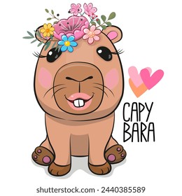 Caricatura Capibara niña con flores aisladas sobre un fondo blanco