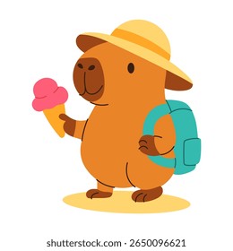 Uma capivara de desenho animado está segurando uma casquinha de sorvete e uma mochila. O urso está usando um chapéu e está aproveitando um dia ao ar livre