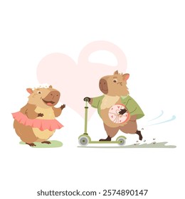 Cartoon capybara on scooter rushes to girlfriend. Happy exotic animals, cute biggest rodents with love emotions Valentines love day. Flat vector design elements for card, packaging, fabrics, flyers