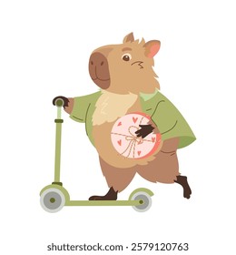 Cartoon capybara rushes on scooter. Happy exotic animals, cute biggest rodents with love emotions Valentines love day. Flat vector design elements for card, packaging, fabrics, flyers