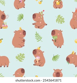 Cartoon capybara padrão sem emenda. Engraçado capivaras manter a calma, descansando e comendo. Adorável design de impressão infantil, caracteres de animais vetoriais atuais