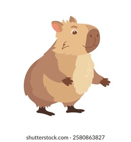 Cartoon capybara in simple children's style. Design element of funny happy exotic animal, cute biggest rodent. Flat vector children's design illustration for print, greeting card, packaging, fabrics