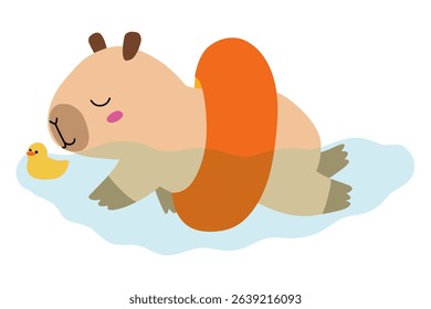 Cartoon capybara swimming with rubber duck, summer cute capybara. Kawaii pet animal for card, decoration, print. Stock vector illustration isolated on white 