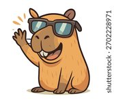 Cartoon capybara waves hello wearing cool sunglasses