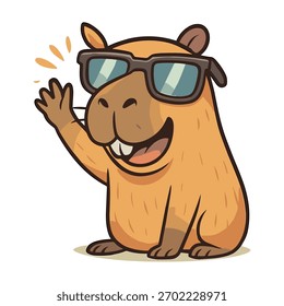 Cartoon capybara waves hello wearing cool sunglasses