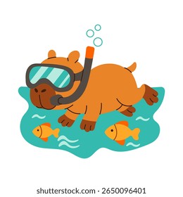 A cartoon of a capybara wearing a snorkel and goggles swimming in a body of water with fish in the background