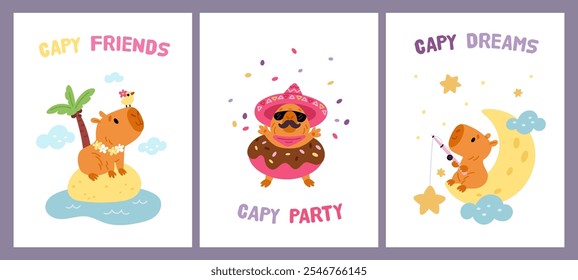 Caricatura capybaras tarjetas de felicitación de cumpleaños. Animales exóticos lindos con accesorios de fiesta. Volantes de vacaciones para niños. Los roedores más grandes y divertidos. Feliz pesca de mamíferos desde la luna del cielo