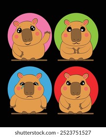 Cartoon capybaras, each positioned within a vibrantly colored circle.