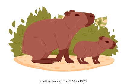 Cartoon capybaras. Wild mom and baby mammals in natural habitat herbivore, semi-aquatic animals flat vector illustration. Cute capybaras