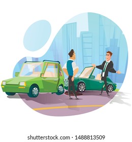 Cartoon Car Accident on City Road. Two Flat Vehicle Collided with Body Damage. Angry Driver in Suit Shouting on Owner other Automobile. Crashed Transport Incident. Vector Cutout Illustration